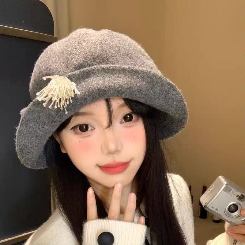 批发翻边毛呢渔夫帽女秋冬韩版显脸小百搭水桶帽法式大头围礼帽子|undefined