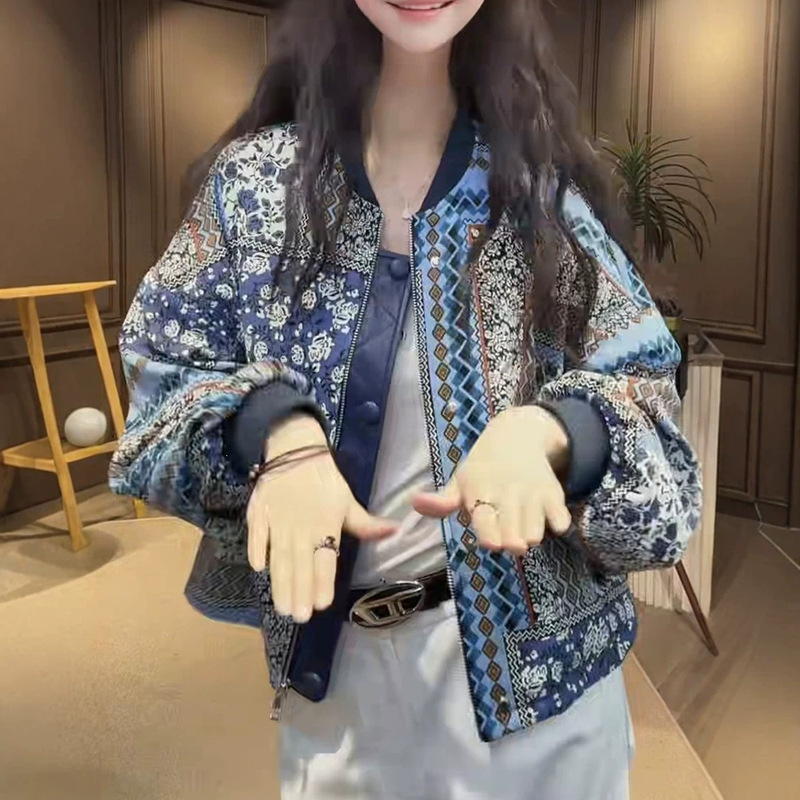 American-style design, fashionable printed zip-up baseball jacket for women, autumn 2026 new model, casual loose jacket for petite individuals
