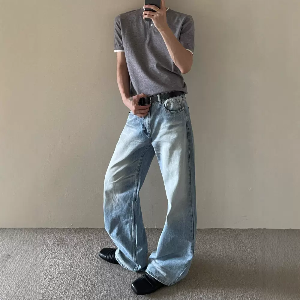 美式cleanfit猫须纹直筒牛仔裤男士春秋季新款宽松拖地微喇长裤子