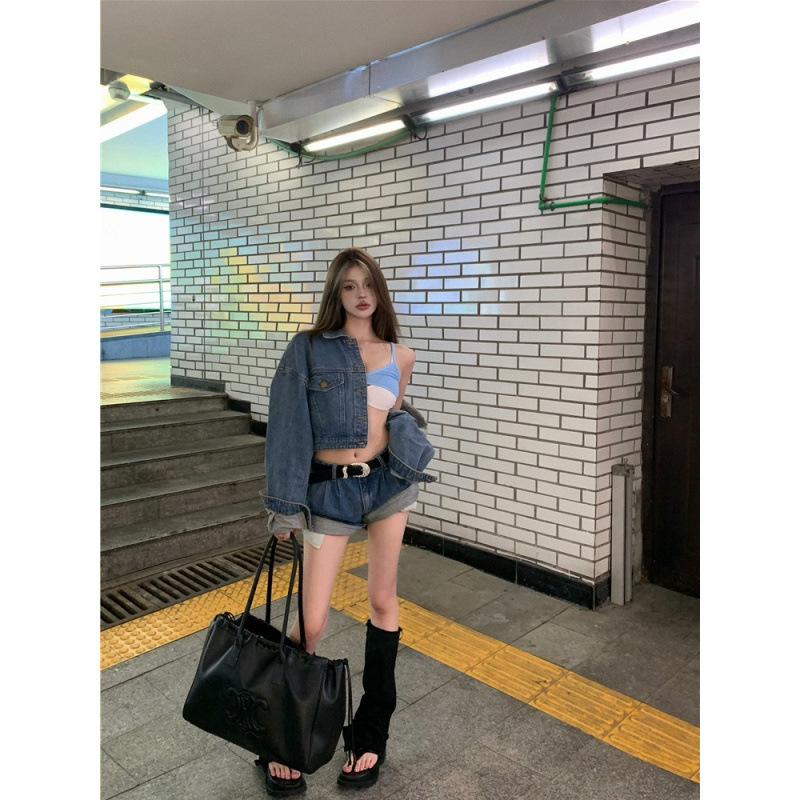 昕可达 野蛮女友蓝色复古水洗上衣两件套春女街头牛仔短裤套装|undefined
