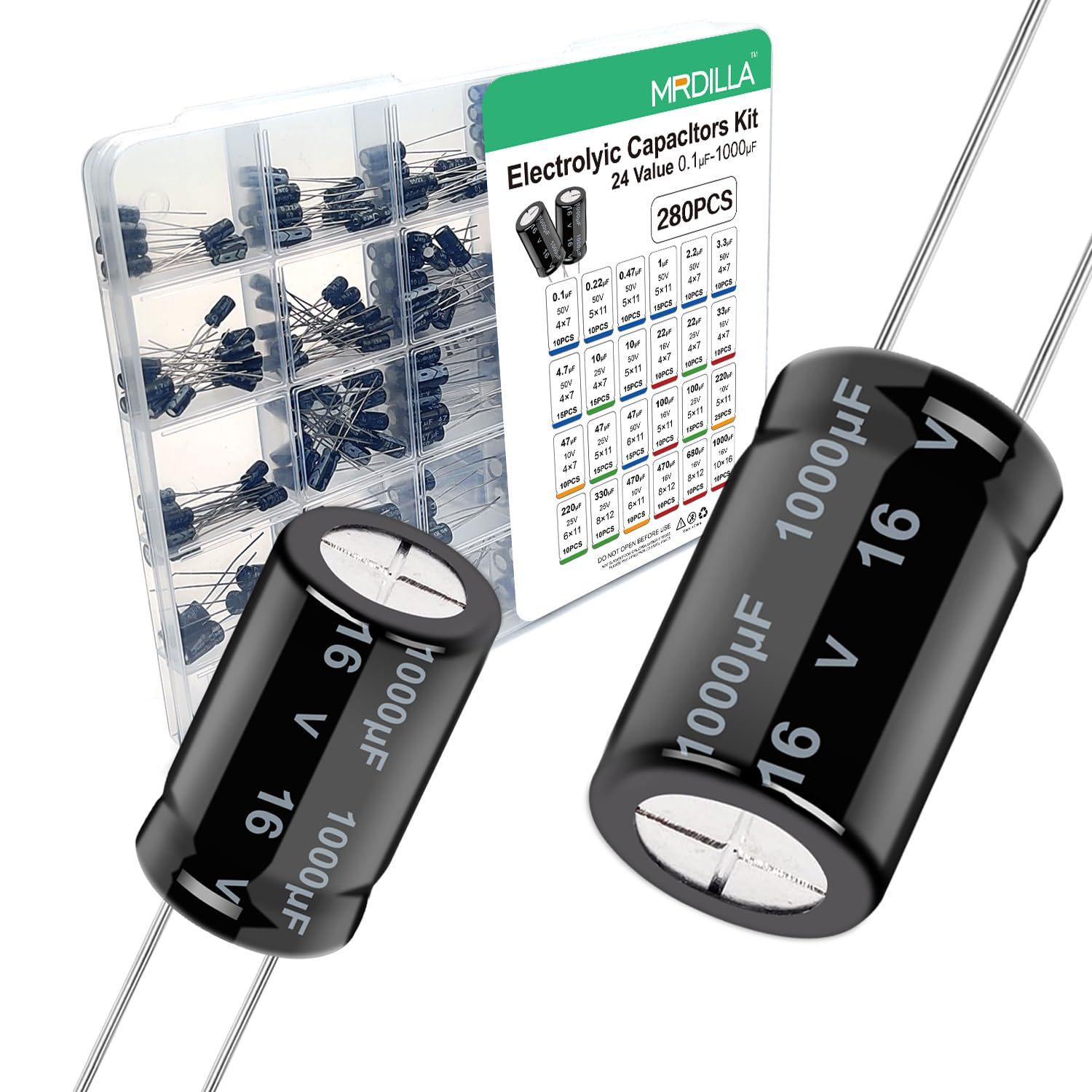 280 件 24 Value 电解电容器组合盒套装(0.1uf - 1000uf),直接插