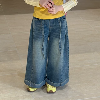 末小蒙2026秋款女童韩版复古高级感折边阔腿裤儿童休闲宽松牛仔裤
