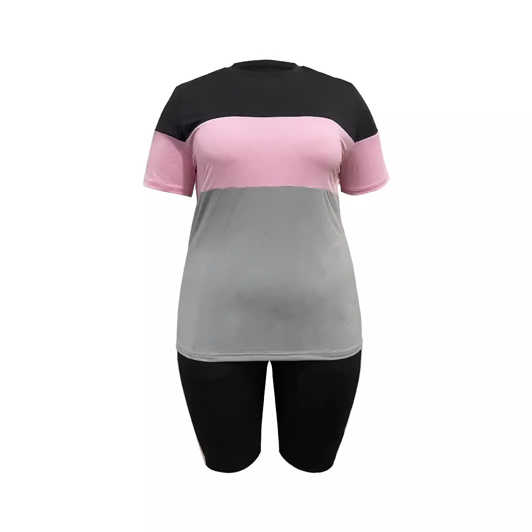 Women's Color Block Crew Neck Summer Fashion Two-Piece Ensemble T-Shirt And Shorts Set Short Sleeve plus Size Available_voghion.com