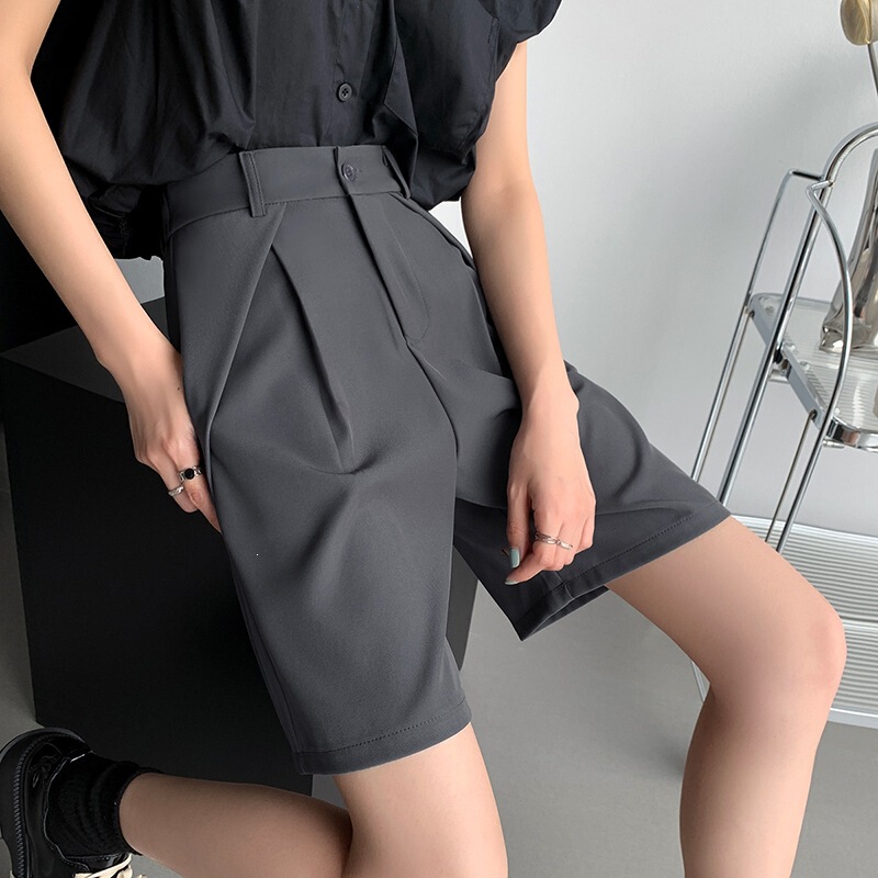 Gray Suit Shorts for Women, Summer Thin Style, Loose High-Waisted Casual A-Line Wide-Leg Mid-Length Pants, Black Straight-Leg Five-Point Pants