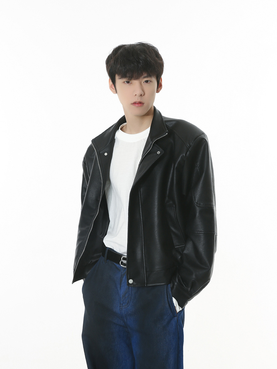 Ropa para hombre MTLCLOTHES | Chaqueta de cuero sencilla, acolchada, estilo retro de Hong Kong, moderna y versátil