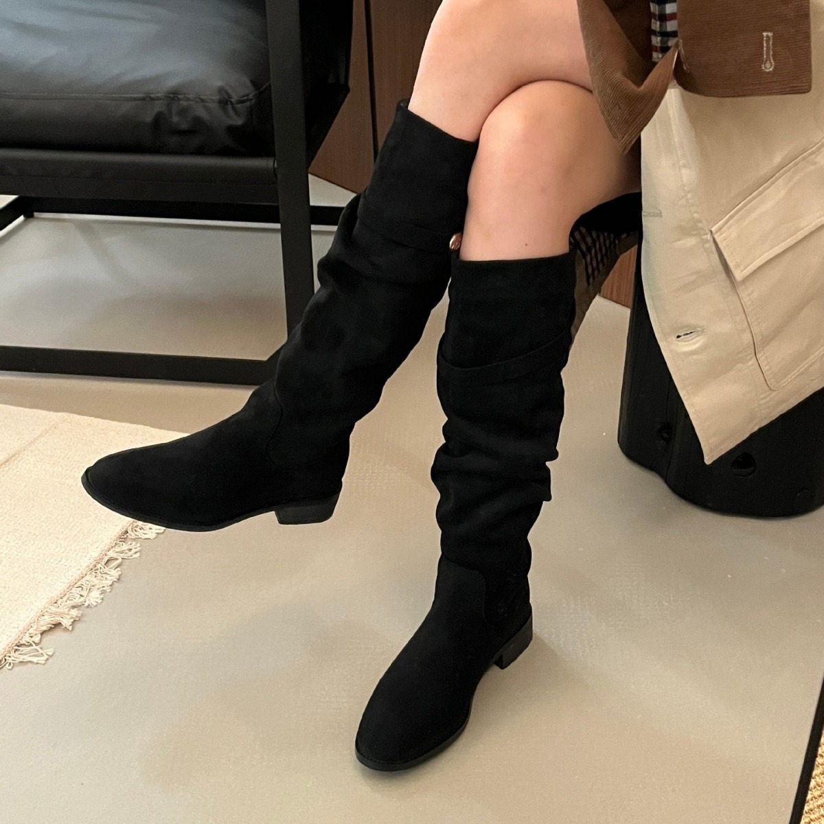 ShoeVault 2024 Chunky Heel Retro Fleece-Lined Coffee Color Riding French Style Slim Bare Autumn Winter Women's Over-the-Knee Boots_voghion.com