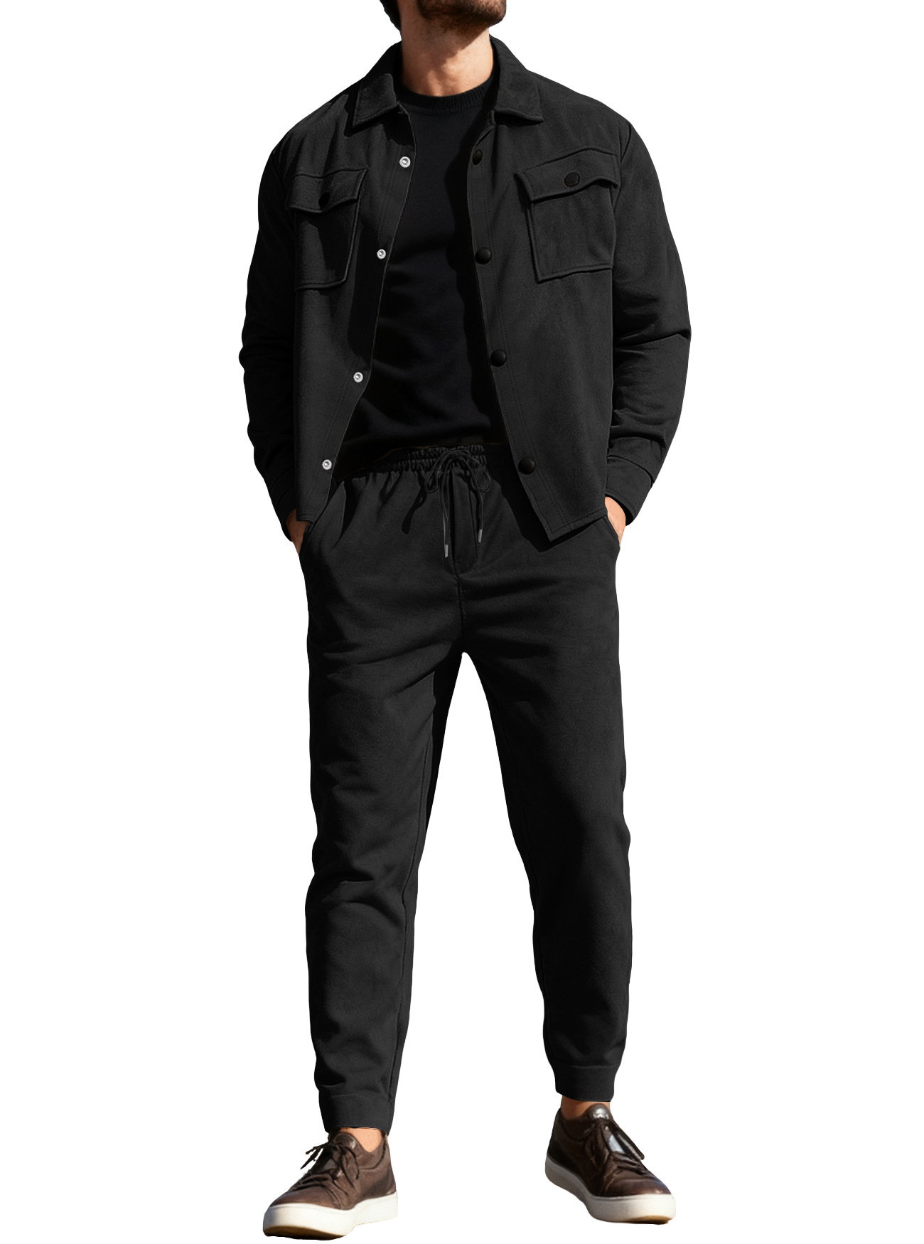 Nuevo transfronterizo Europa y América Amazon TK estilo americano pesado chaqueta casual de hombre pantalones casuales de piel de seda de color sólido conjunto