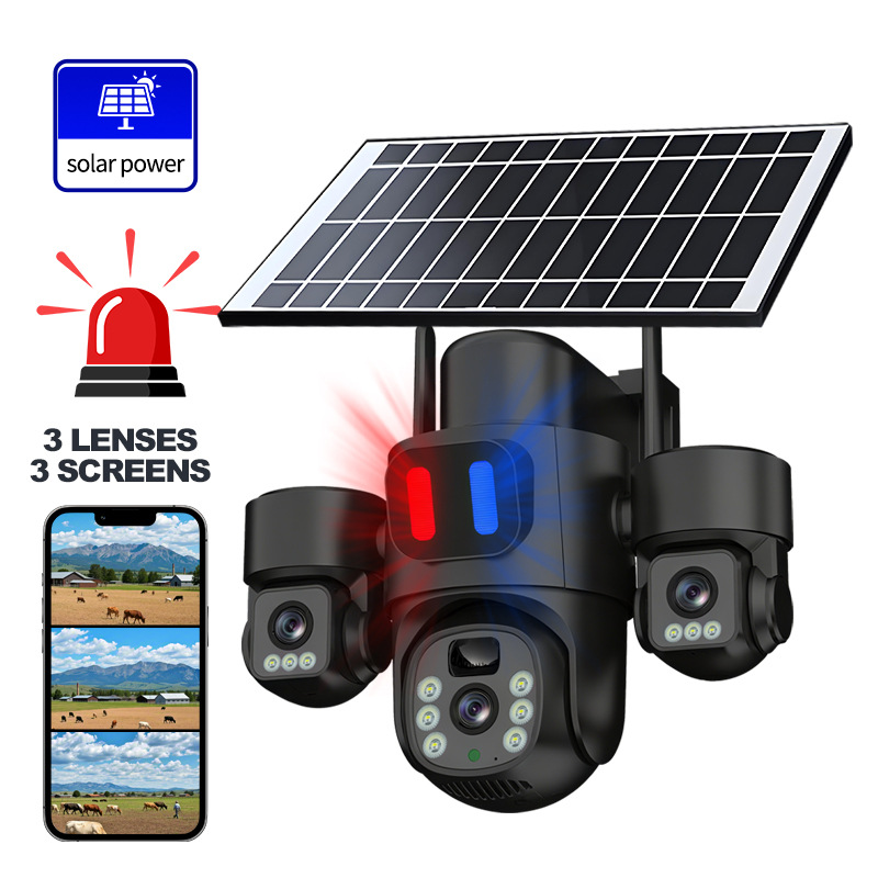 Transfronterizos dedicados a tres imágenes tres lentes alarma rotatoria sin ángulo muerto cámara de monitoreo solar impermeable al aire libre