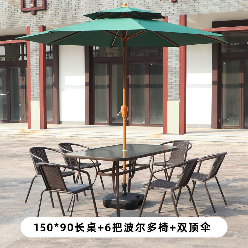 150x90 직사각형 테이블 + 의자 6개 + 이중 상단 중앙 기둥 우산