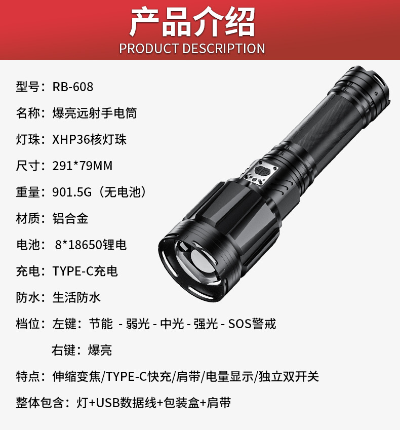 Cross-border best-selling alloy ultra-bright flashlight, zoomable high-intensity light for camping and outdoor use, wholesale