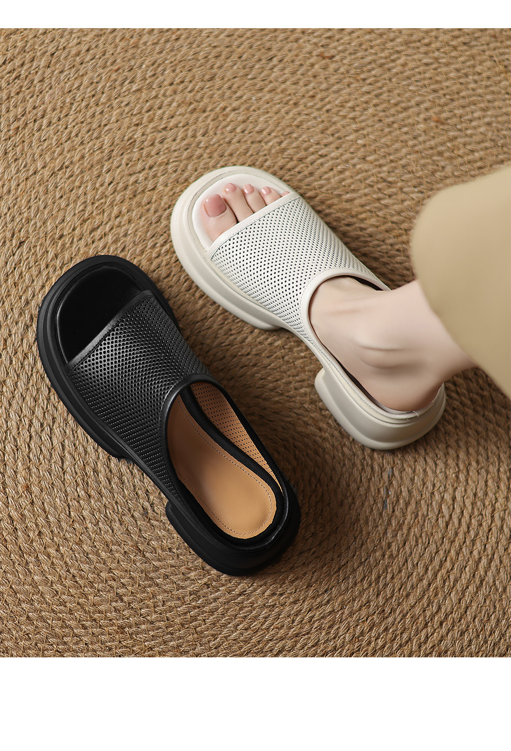 Dép sandal nữ quai ngang đế xuồng da bò, gót cao khoét lỗ — đen chi tiết 1
