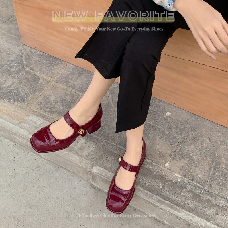 First-Layer Cowhide Leather~Thick-Soled Mary Jane Shoes for Women, Spring Style Chanel-Inspired High Heels, Elegant Single-Strap Chunky Heels Paired with Long Socks, Jk Style