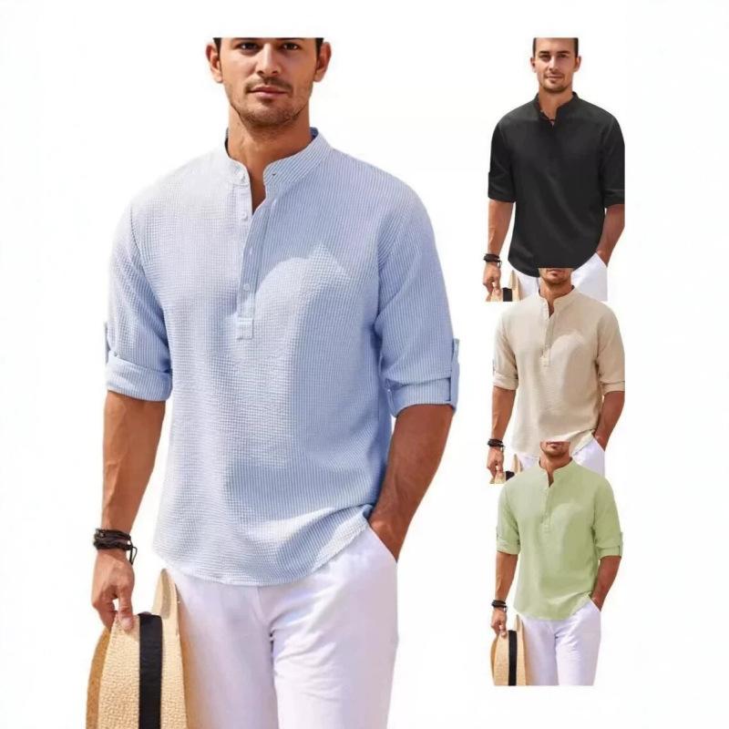 Cross-Border Foreign Trade Men's Clothing 7/8 Length Sleeve Shirt Stand Collar Half-Button Shirt Casual Pineapple Plaid Shirt Top T-Shirt Wholesale