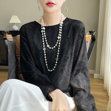 批发丝绸缎面2025夏季女装新款圆领印花短款宽松大码T恤长袖外贸