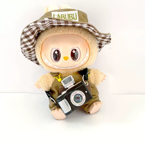 Khaki overall with letters, hat, camera