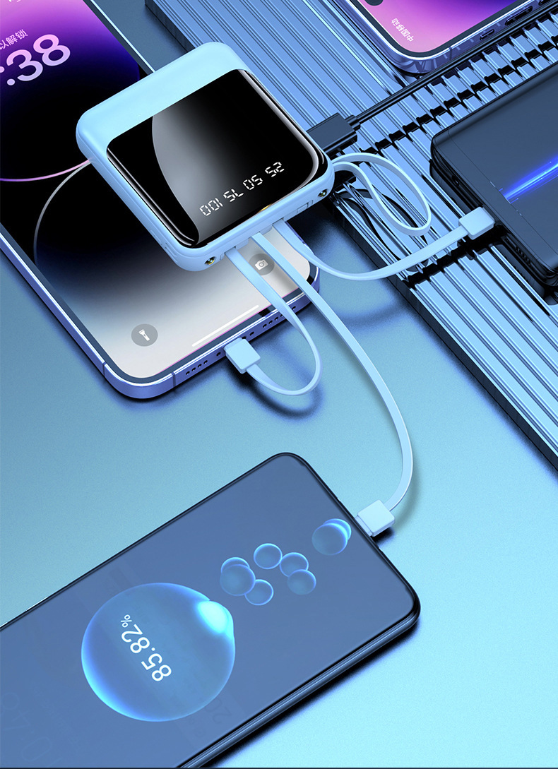 Cross-border Wholesale Power Bank 20000mAh Large Capacity Portable Mobile Charger with Built-in Cable Custom Logo