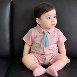粉糯领带夏款哈衣男女宝翻领马卡龙撞色连体婴幼儿萌哒哈衣爬爬服