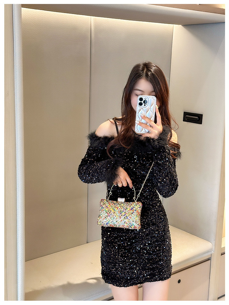 High-end evening dress, lady's water diamond clutch bag, diamond-encrusted bag, colorful diamond chain cheongsam bag, evening bag, women's handbag undefined