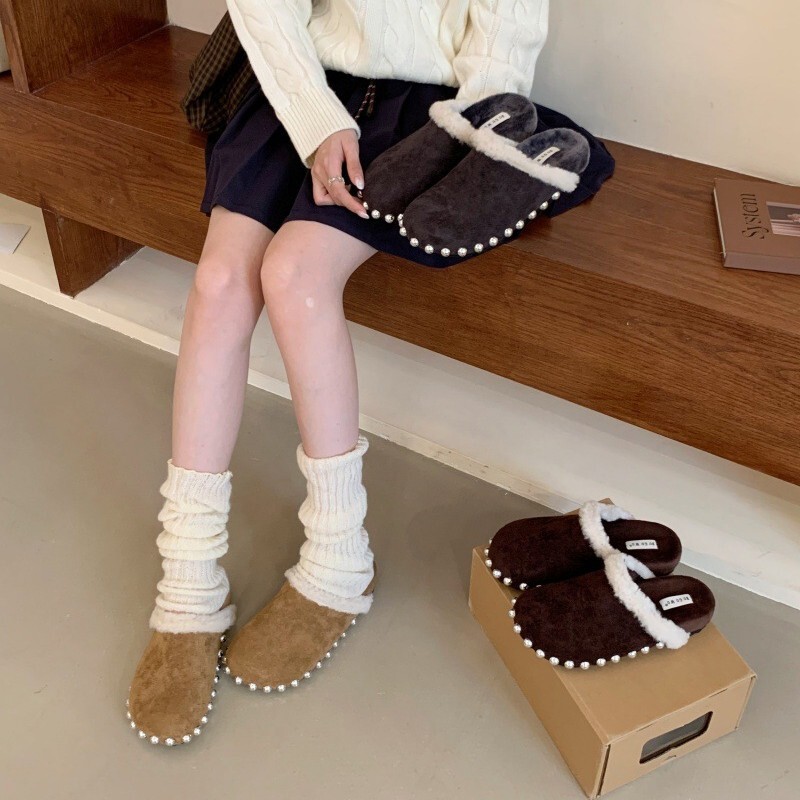 High Version Miu Wool Toe-Toe Wooden-Soled Half Slippers for Women's Outer Wear 25 Autumn and Winter Style Fleece-Lined Rivets Distressed Birkenstock Cotton Shoes