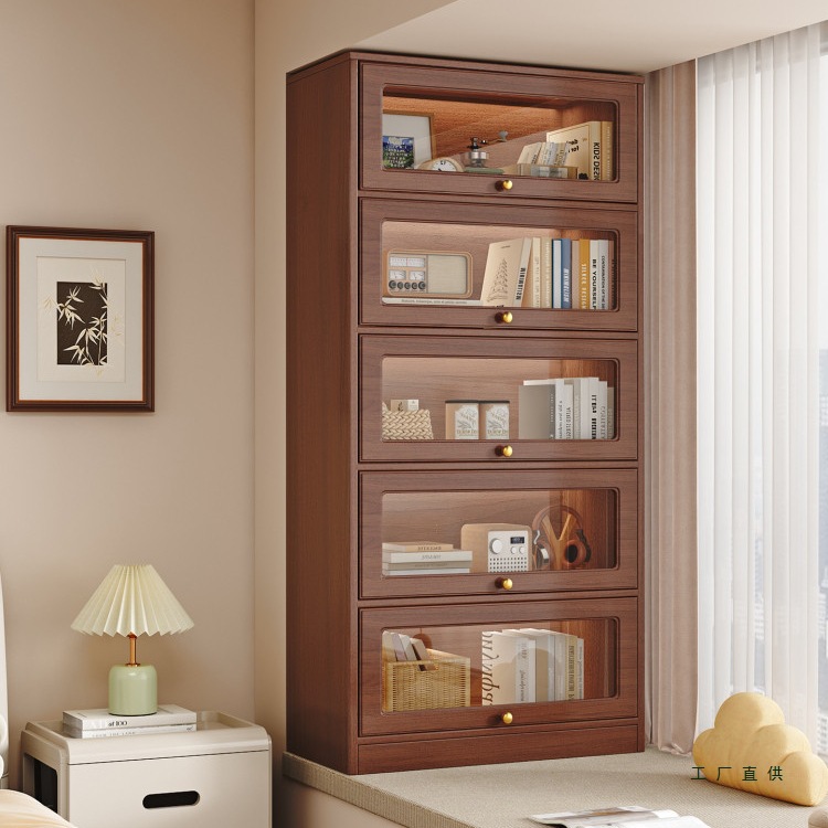 Solid Wood Bay Window Cabinet, Balcony Storage, Flip-Up Glass Door and Window Sill Storage Cabinet, Household Multi-Layer Bookcase, Floor-Standing Storage Cabinet