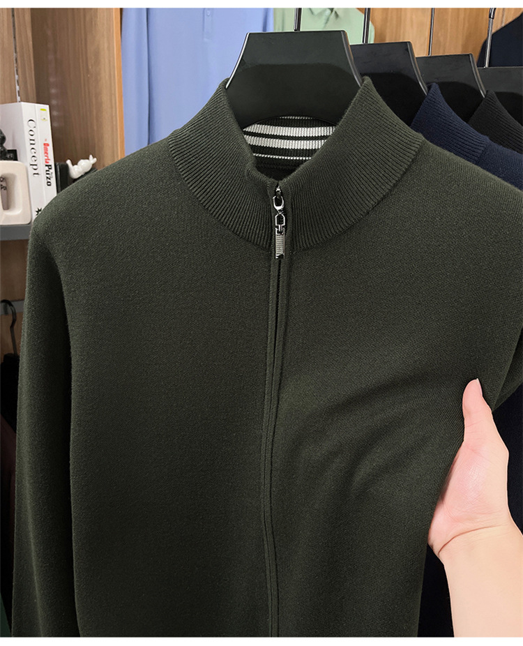 Áo len cardigan nam Haggis 100% len dày dặn có khóa kéo dệt kim cổ đứng — màu đen chi tiết 12
