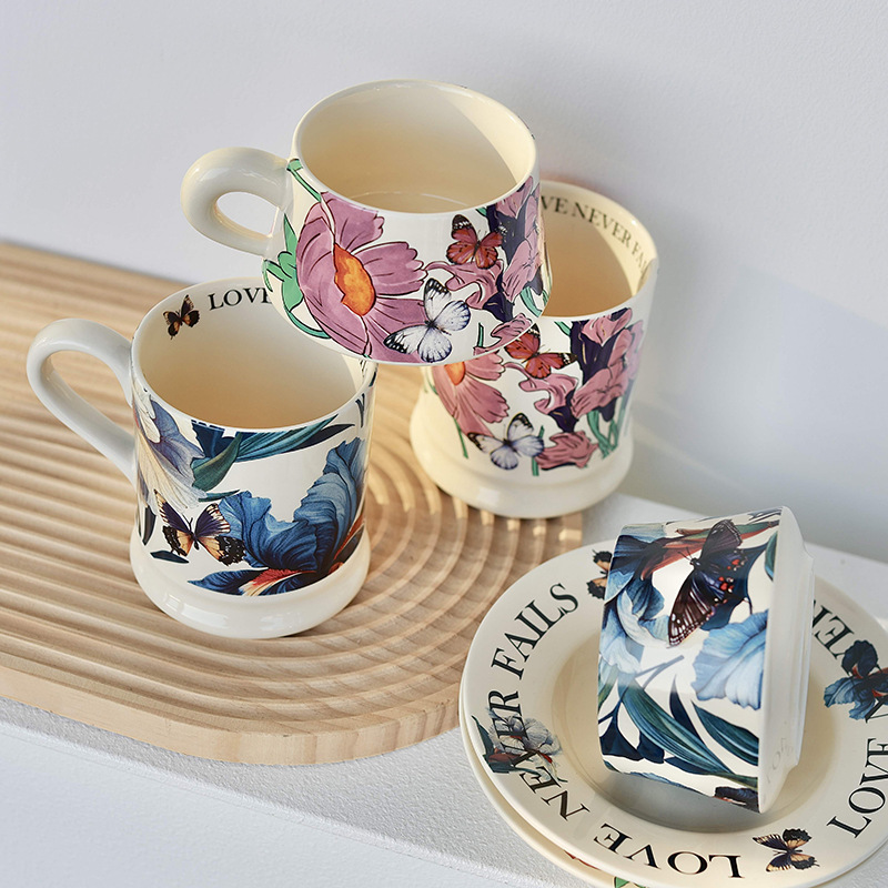 Tazas de cerámica retrógrada francesa, regalo de mano, tazas de café mariposa, tazas de café, restaurantes de oficina, tazas de agua potable para niñas