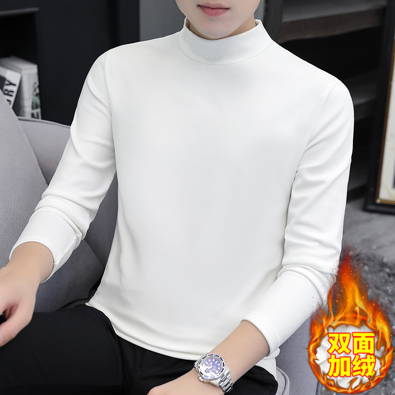 가을과 겨울 긴팔 티셔츠 남성용 트렌디 슬림 핏 미드 칼라베이스 셔츠, 반 높이 목 벨벳 웜 탑