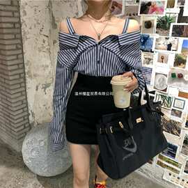 一字肩设连衣裙秋季条纹长袖衬衣拼接包臀裙子女假两件图片色短裙