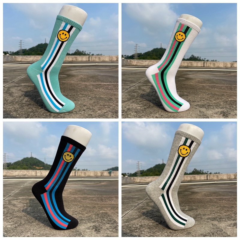 Trendy Brand Smiley Online Celebrant Men's and Women's Socks Couple Japanese College Style European and American Street Striped Skateboard Long Cotton Socks