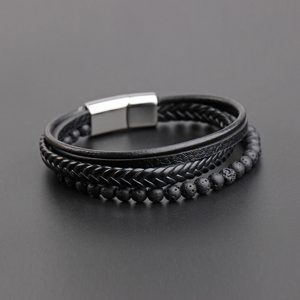 Hip-hop Solid Color Stainless Steel Pu Leather Volcanic Rock Braid Men's Bracelets display picture 3