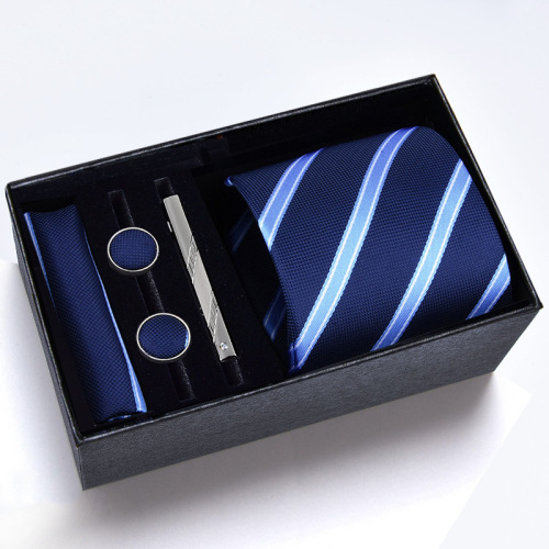 Gift box] Men's five-piece tie suit, LOGO formal business 8cm striped black wedding groom