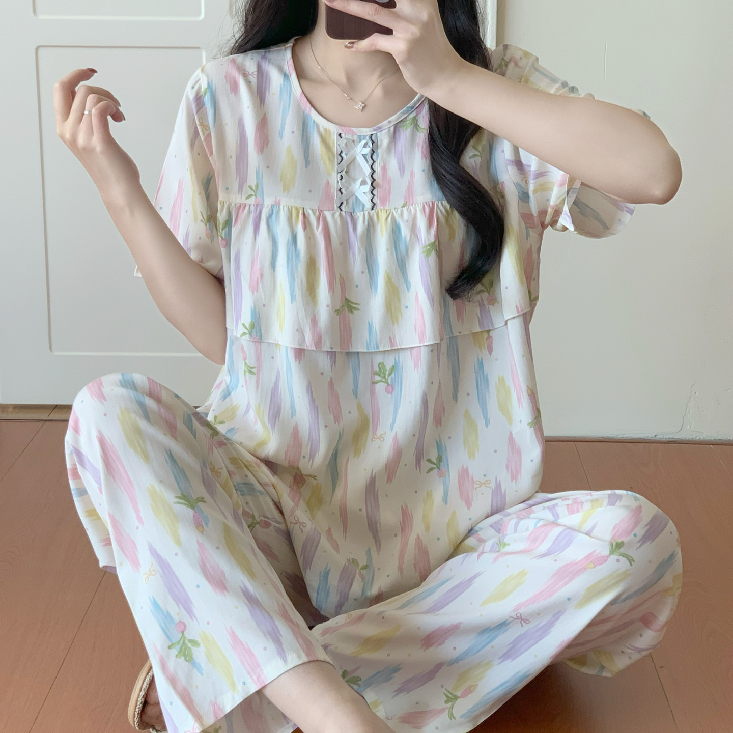 法式方领防凸点棉绸睡衣女长袖家居服棉绸大码套装可外穿睡衣