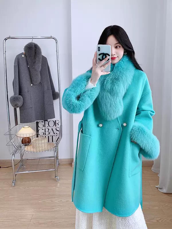 Double-sided cashmere long coat, jacket, 2023 collection, mid-length