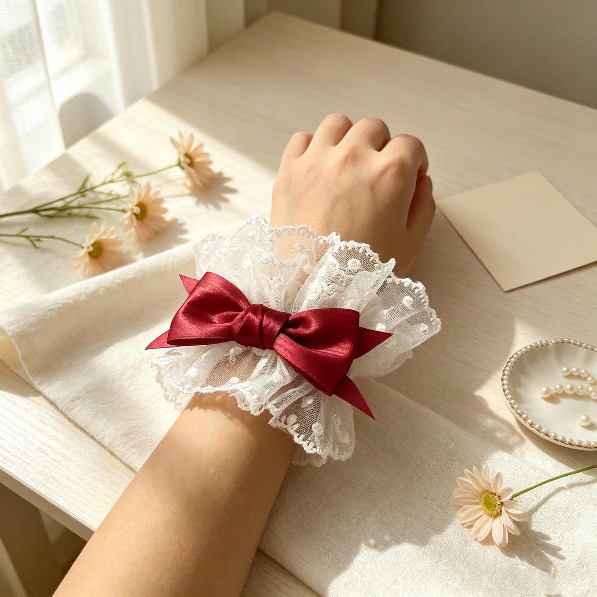 Super de hadas encaje arco de encaje brazaje Lolita accesorios juvenil dulce atmósfera sensación de mangas decorativas