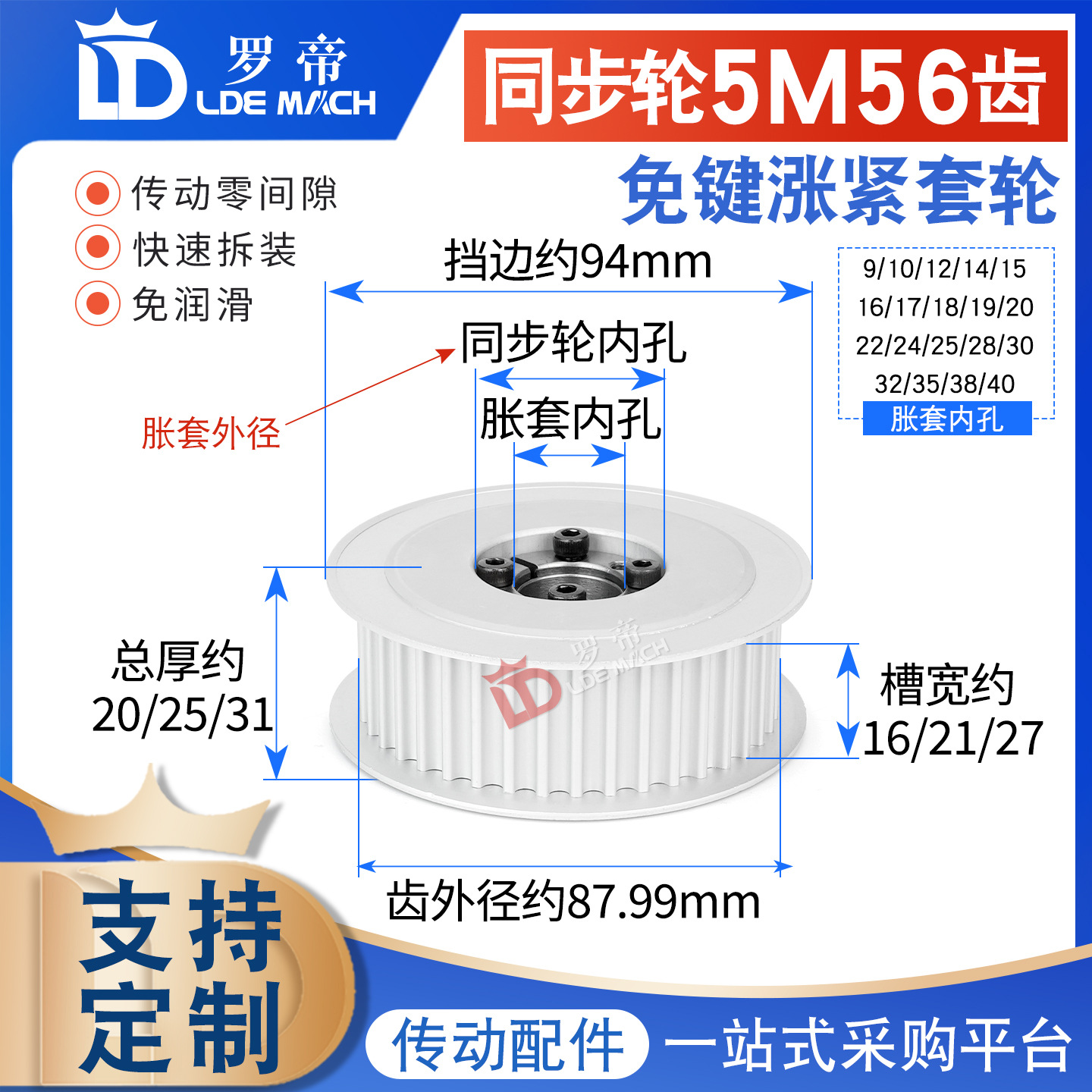 涨紧套同步轮5M56齿 5M56T免键胀套同步轮 5M皮带轮 槽宽16/21/27
