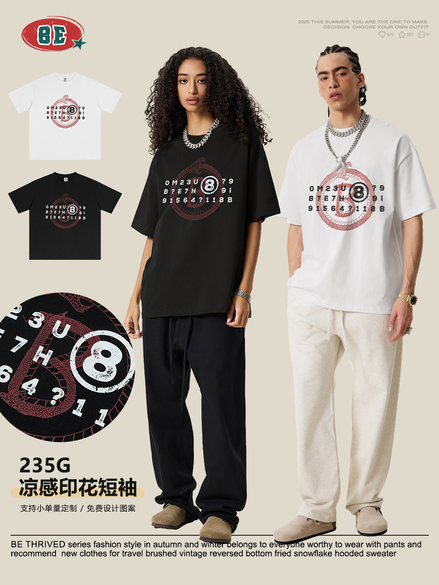 Be Hombres| 2025 verano marca de moda americana retro serie de serpiente impresión pareja casual camiseta de manga corta moda masculina image 1