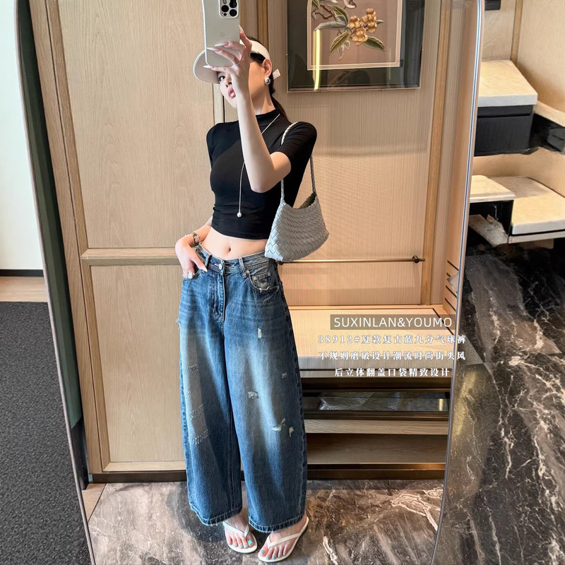 YOUMO2026 Thirteen Lines Spring/Summer Thin Material Distressed Streetwear Ripped Versatile Cropped Curved Jeans YOUMO2026 Thirteen Lines Spring/Summer Thin Material Distressed Streetwear Ripped Versatile Cropped Curved Jeans