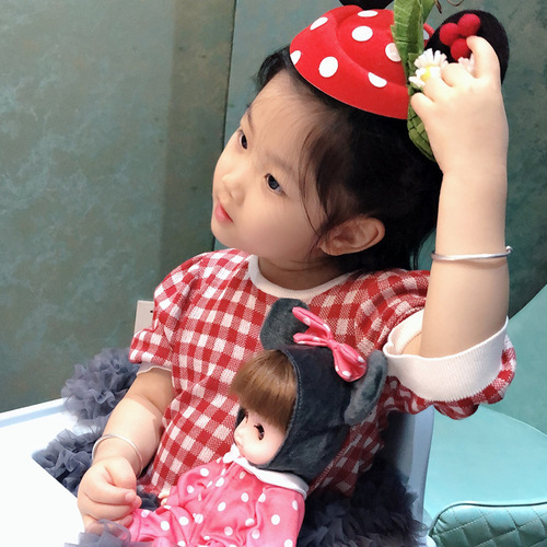  New Women's Children's Checkered Short Sleeve Top Summer Thin Knit Shirt Korean Version Baby Bubblesleeve Clothing Doll Shirt