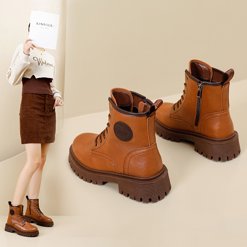 2023 Autumn/winter New British Style Martin Boots Wearing Fashion Sleeve Thick Bottom Round Toe Short Boots Leather Boots for Women_voghion.com