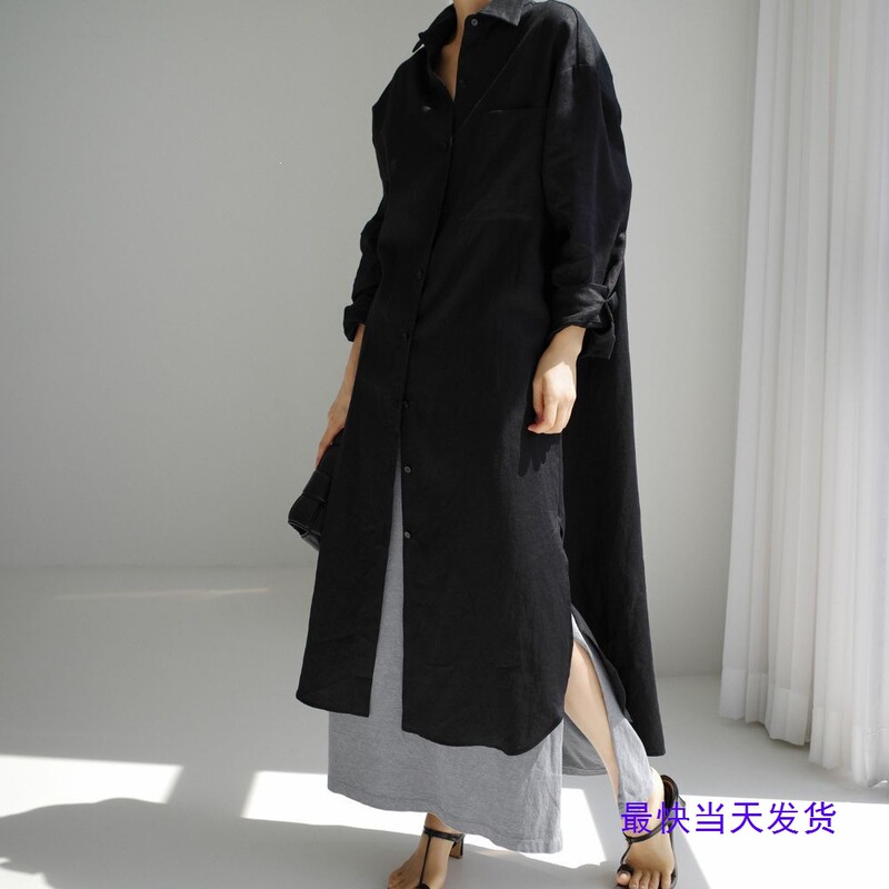 2026 Spring and Autumn Over-the-Knee Long Split Cotton-Linen Shirt Dress, Solid Color Loose Plus-Size Shirt Dress