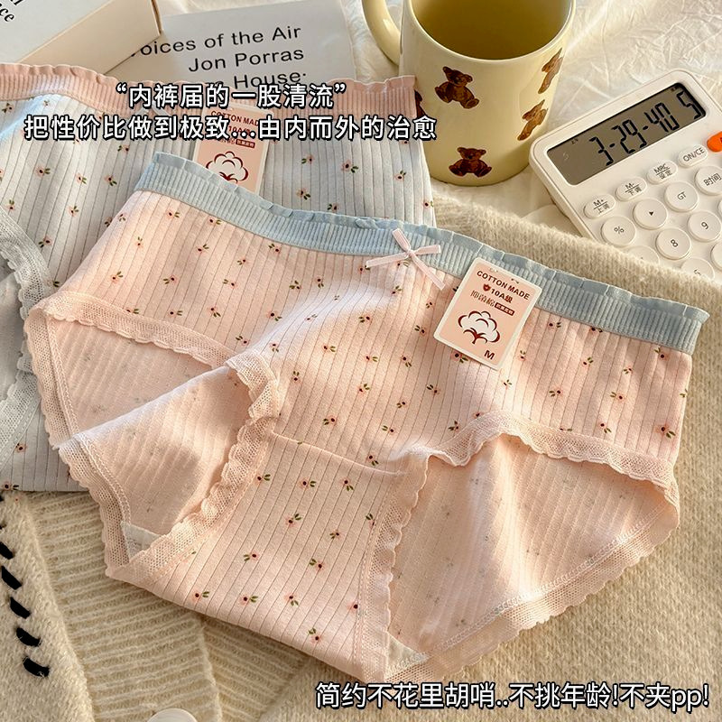 Women's Underwear 10A Antibacterial Cotton Extended Crotch Small Floral Cotton Breathable and Comfortable Elastic Hip-Covering Girl's Underwear