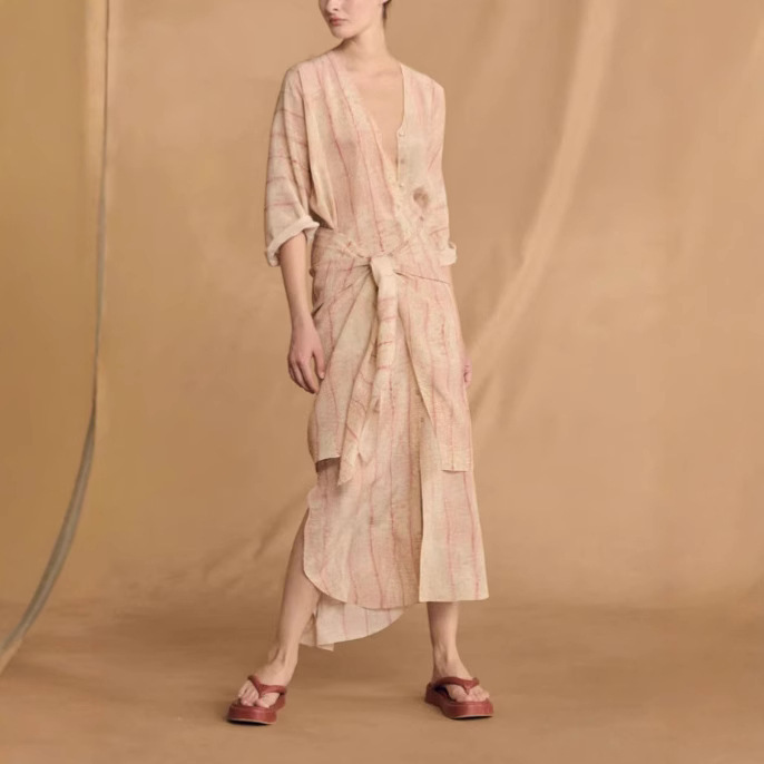 Spanish Mulberry Silk Dress Female Bat Pocket Mother-Of-Pearl Button Wrap Style Lace-Up Watercolor Printed Silk Skirt Spanish Mulberry Silk Dress Female Bat Pocket Mother-Of-Pearl Button Wrap Style Lace-Up Watercolor Printed Silk Skirt