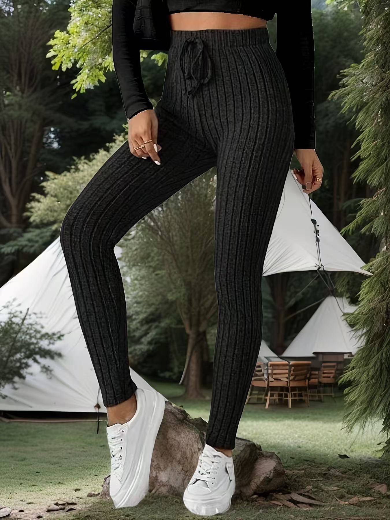 Women's Clothing Solid Color Ribbed Knitted Drawstring Tight Bottom Knitted Tight Trousers_voghion.com
