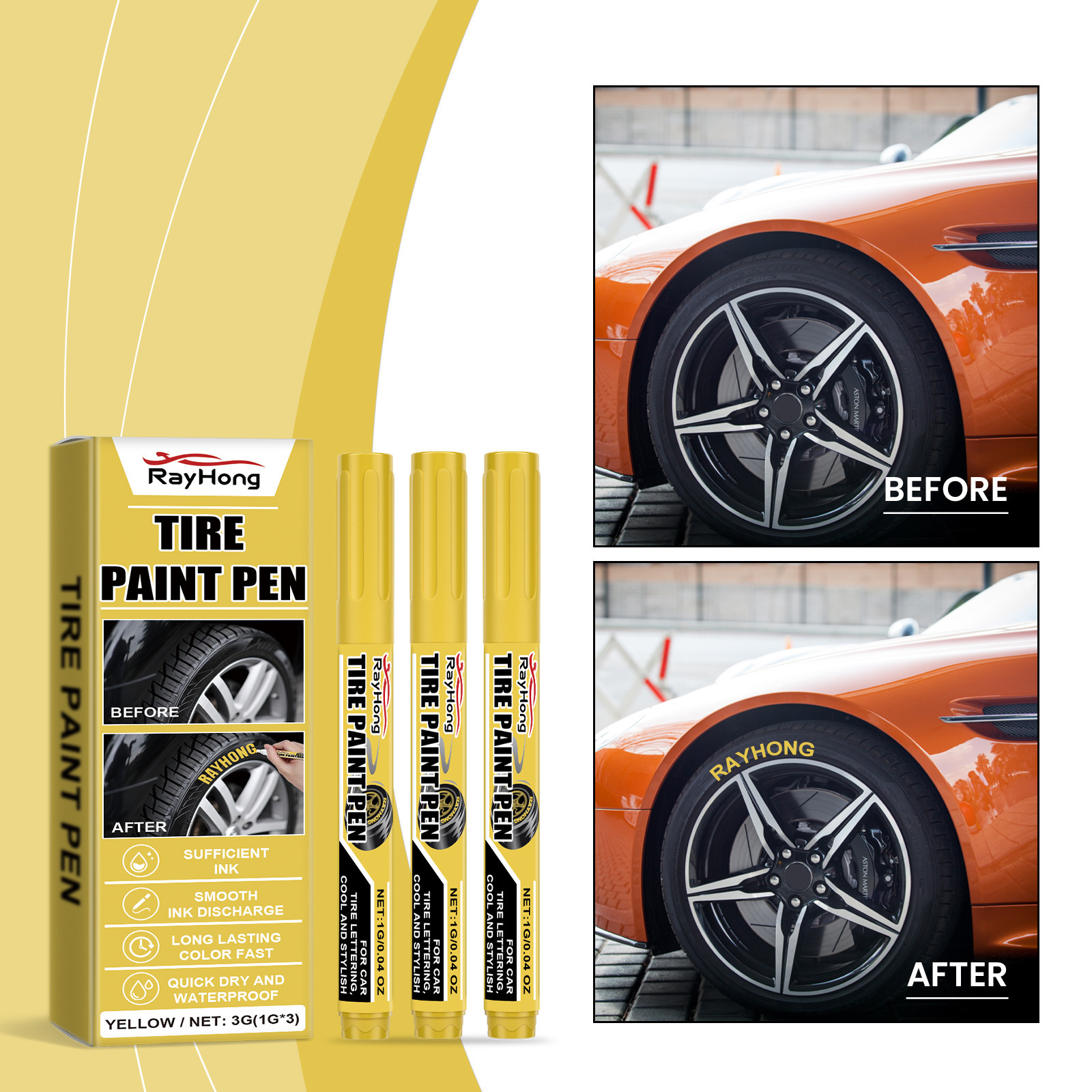 Κίτρινο στυλό βαφής ελαστικών αυτοκινήτου Art Painting για ελαστικά αυτοκινήτου Αδιάβροχο επίμονο στυλό λαδιού_voghion.com