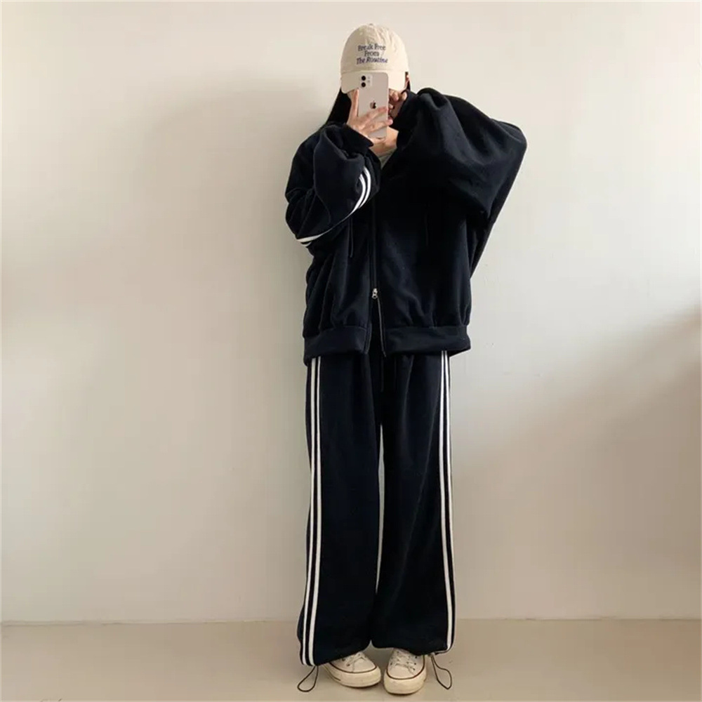 クロスボーダー卸売ジッパースウェットシャツカジュアルツーピースグレー韓国ブランドファッションスポーツスーツ女性のための春と秋怠惰なルーズ