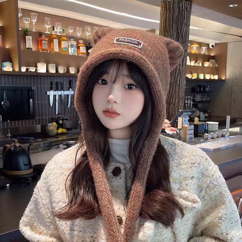 雷锋帽秋冬可爱耳朵系绳套头帽女加厚护耳针织帽保暖包头帽毛线帽|undefined