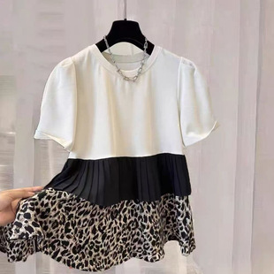 Dongdaemun Spring and Summer New Leopard Print Ruffled Cotton Fake Two-Piece Short-Sleeved T-Shirt Loose Babydoll Top Women's t