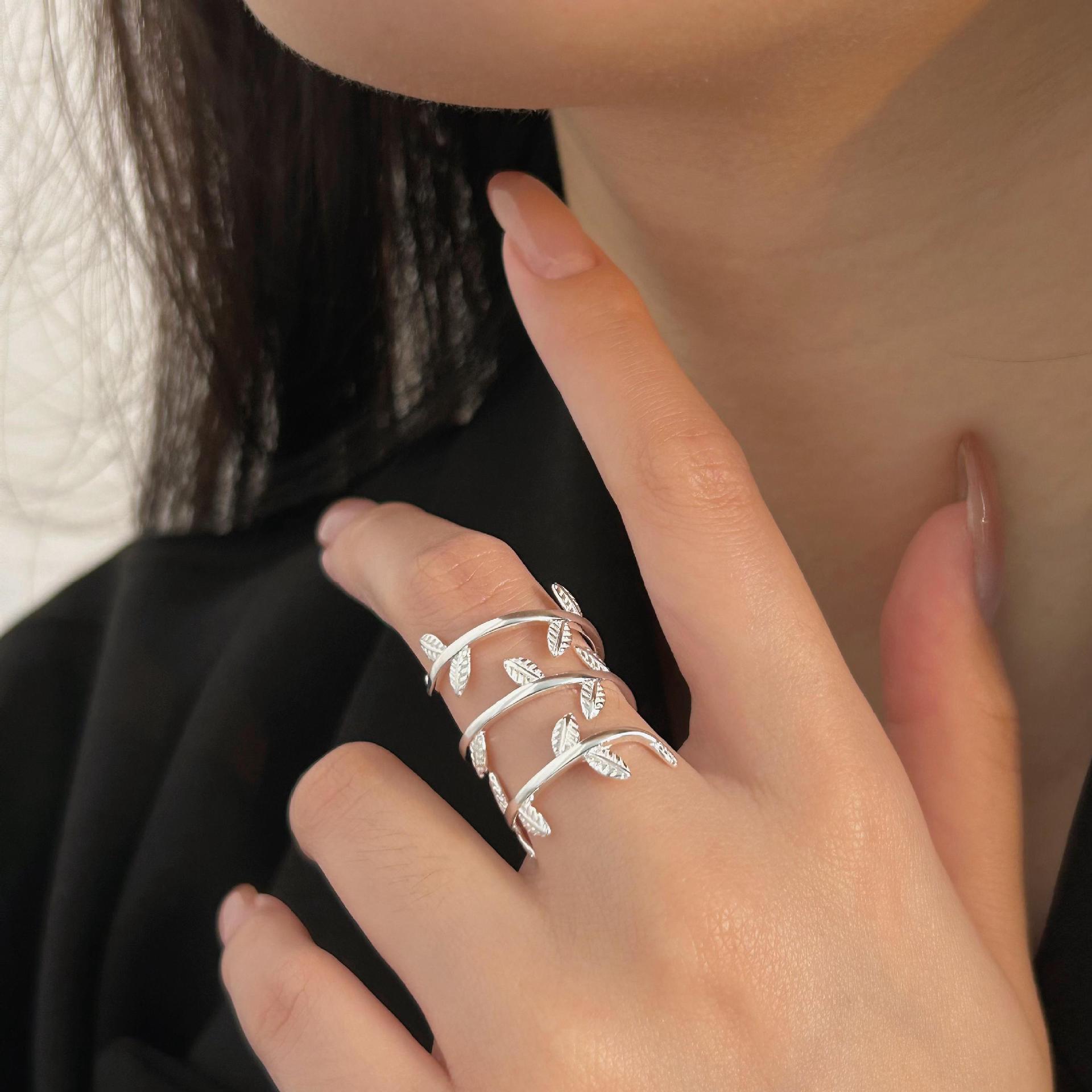 范智乔 韩国日韩开口925纯银叶子缠绕戒指女个性潮人首饰指环