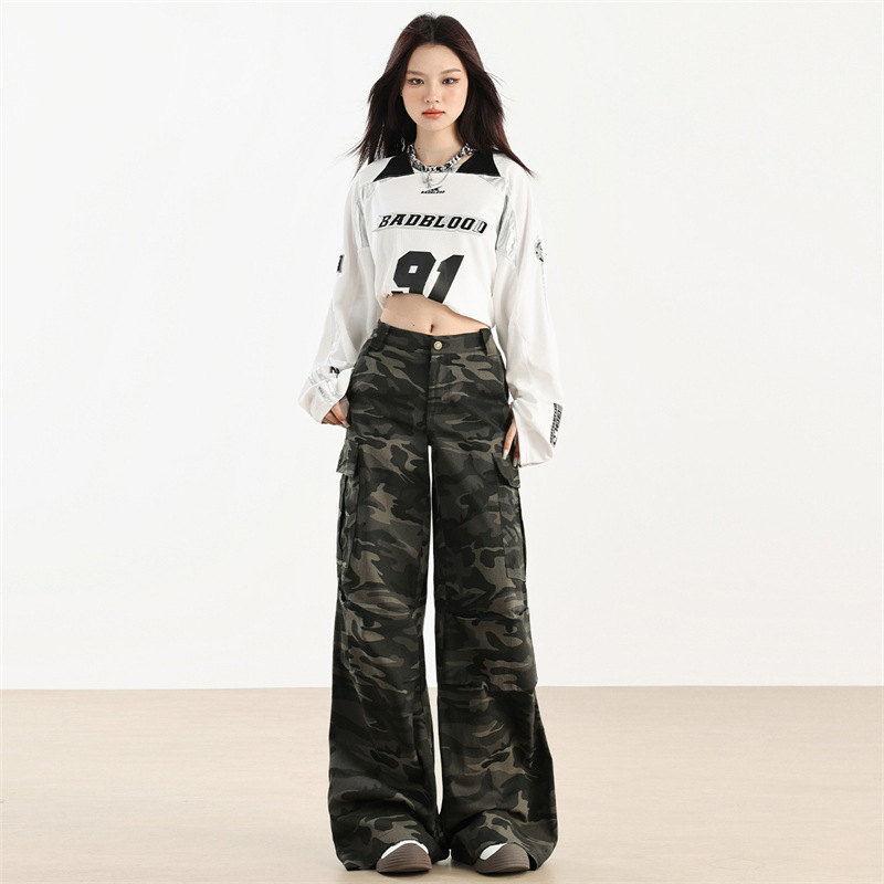 American Spice Girls Camouflage Fit Jeans Women's Autumn 2024 New Loose Slim Retro High Waist Scampers