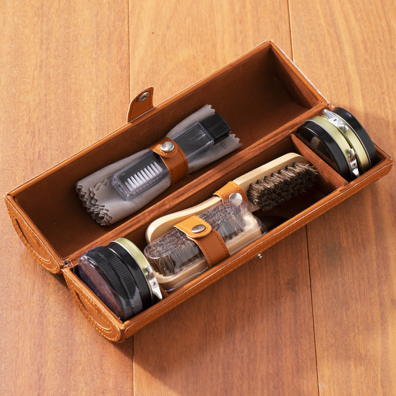 Shoe Polish Set Brown Long Horsehair Brush Cleaning and Stain Removal for Leather Shoes, Sneakers, Business Care, and Moisture-Proof Care Set